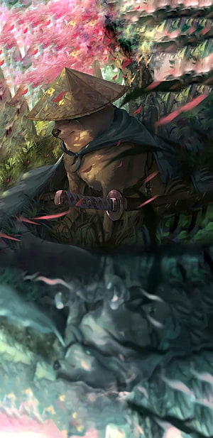 Samurai Dog Warrior in Conical Hat Under Cherry Blossoms Digital Art HD phone wallpaper