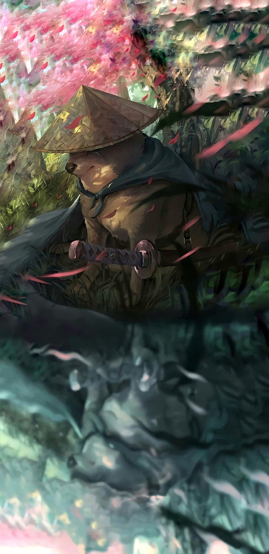 Samurai Dog Warrior in Conical Hat Under Cherry Blossoms Digital Art HD phone wallpaper