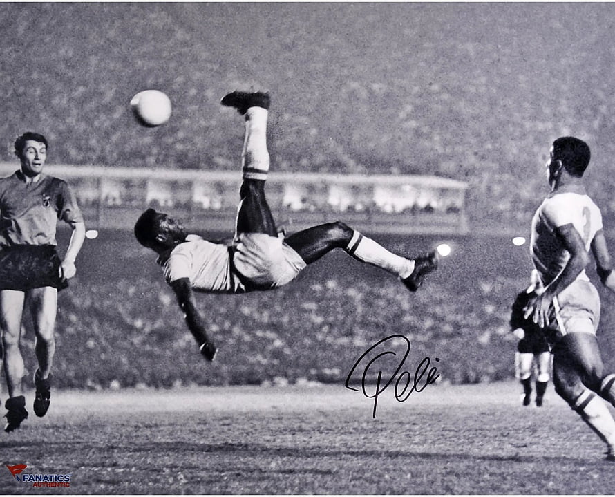 Pele performing an iconic bicycle kick in a vintage black and white football match HD wallpaper
