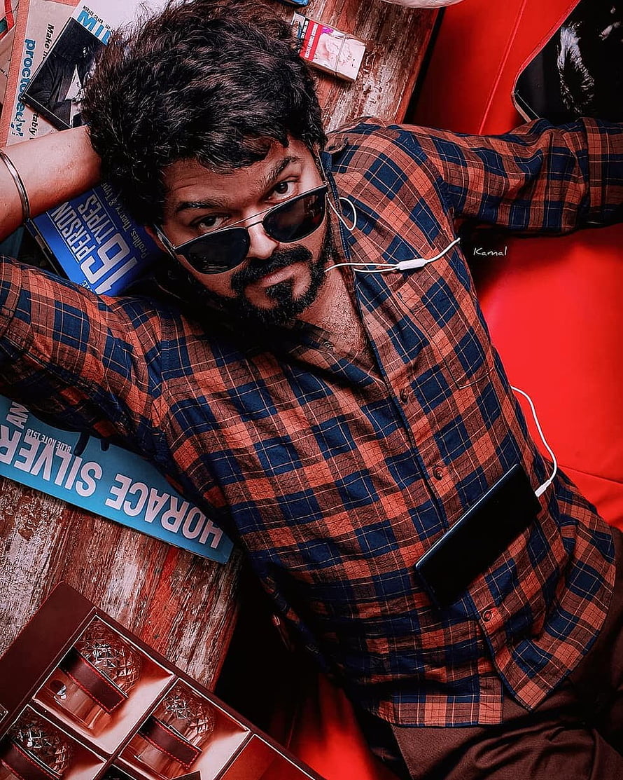 Thalapathy Vijay in a plaid shirt and sunglasses with a smartphone and earphones HD phone wallpaper