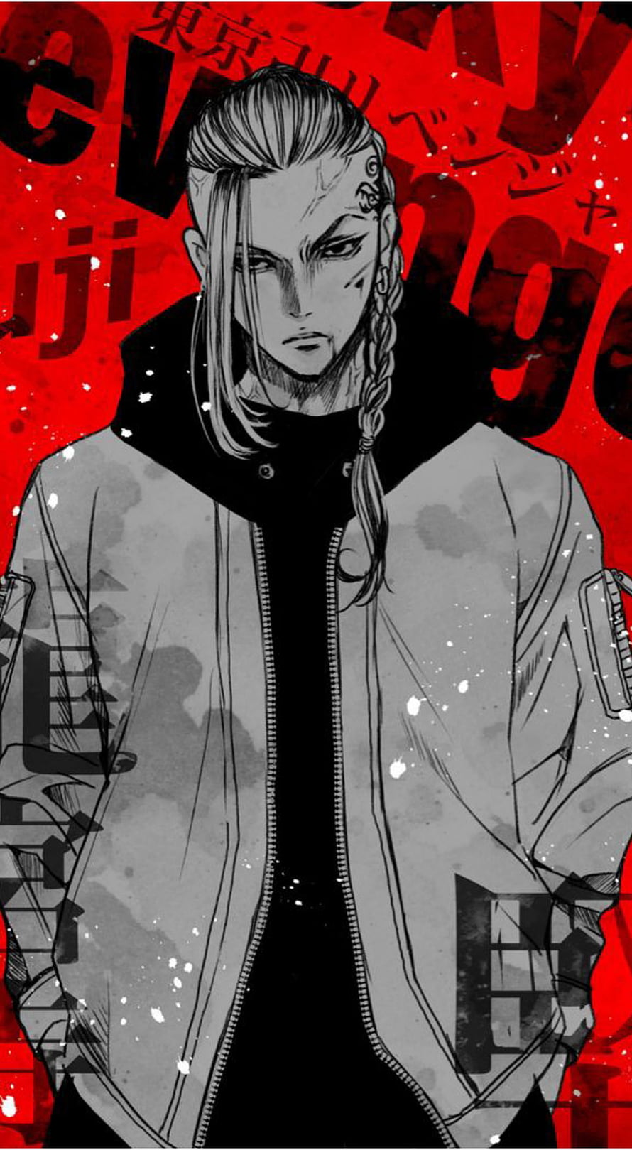 Draken from Tokyo Revengers in a grey bomber jacket against a bold red background HD phone wallpaper