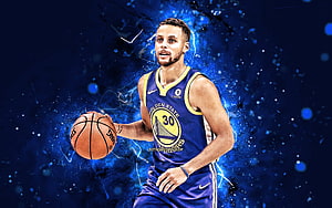 Stephen Curry in Golden State Warriors jersey with dynamic blue energy background HD wallpaper