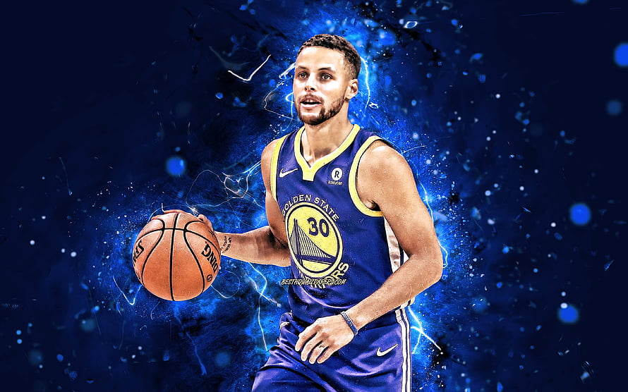 Stephen Curry in Golden State Warriors jersey with dynamic blue energy background HD wallpaper