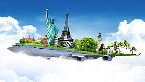 Surreal Airplane Island Featuring Global Landmarks Like Eiffel Tower and Statue of Liberty HD wallpaper