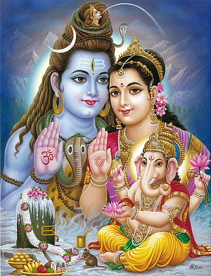 Lord Shiva, Goddess Parvati, and Ganesha in a Traditional Indian Devotional Painting HD phone wallpaper