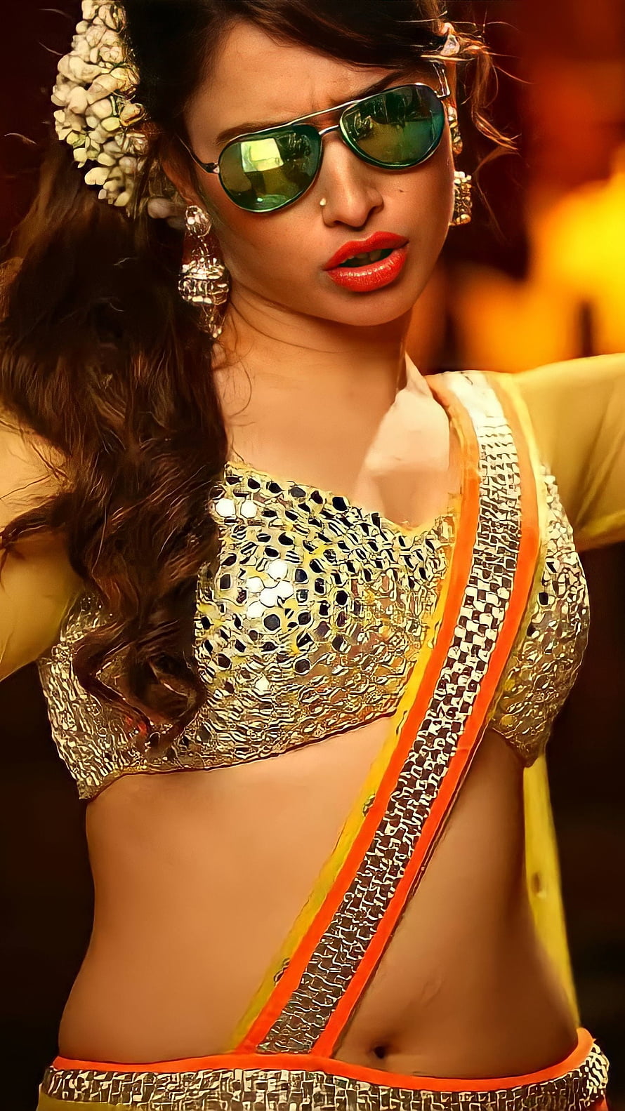 Tamanna Bhatia in Gold Sequined Choli and Sunglasses HD phone wallpaper