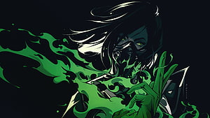 Viper from Valorant with green toxic smoke and glowing eyes in dark digital art HD wallpaper