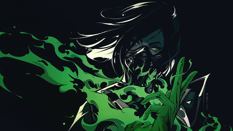 Viper from Valorant with green toxic smoke and glowing eyes in dark digital art HD wallpaper