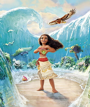 Moana standing on a tropical beach with giant ocean waves, a flying hawk, and sea turtles in a vibrant Disney animated scene HD phone wallpaper