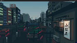 Pixel Art Japanese Cityscape at Dusk with Canal and Traditional Buildings HD wallpaper