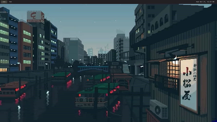 Pixel Art Japanese Cityscape at Dusk with Canal and Traditional Buildings HD wallpaper