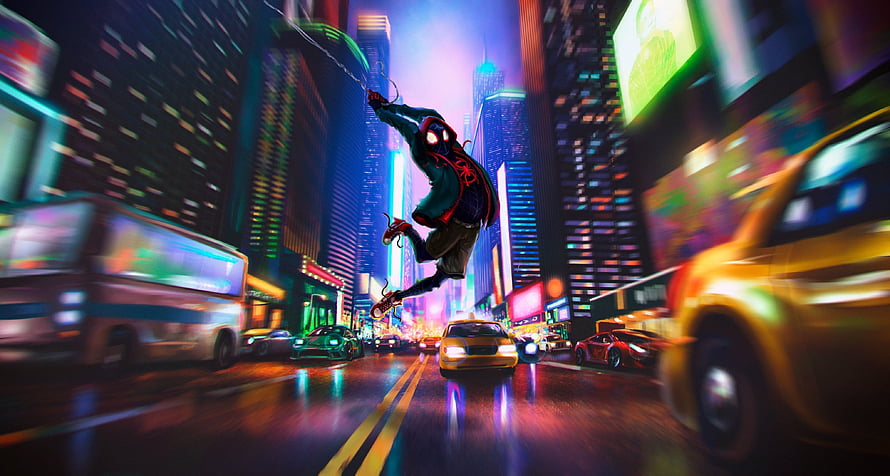 Miles Morales swinging through a neon-lit cityscape in Spider-Verse style HD wallpaper