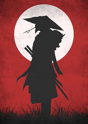 Red Samurai Silhouette Artwork with Full Moon and Grass HD phone wallpaper