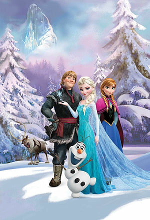 Frozen Characters Anna, Elsa, Kristoff, Olaf, and Sven in a Snowy Winter Forest HD phone wallpaper