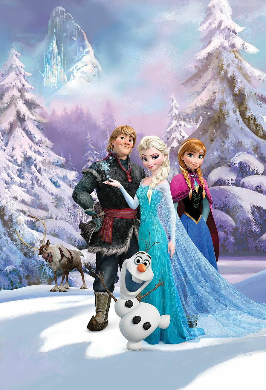 Frozen Characters Anna, Elsa, Kristoff, Olaf, and Sven in a Snowy Winter Forest HD phone wallpaper