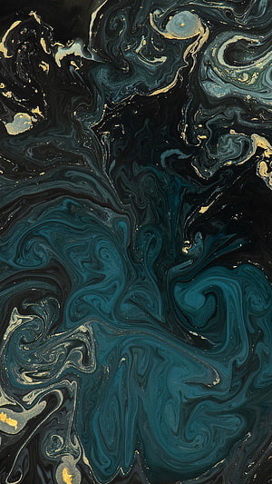 Dark Teal and Gold Liquid Marble Abstract Art with Swirling Ink Patterns HD phone wallpaper