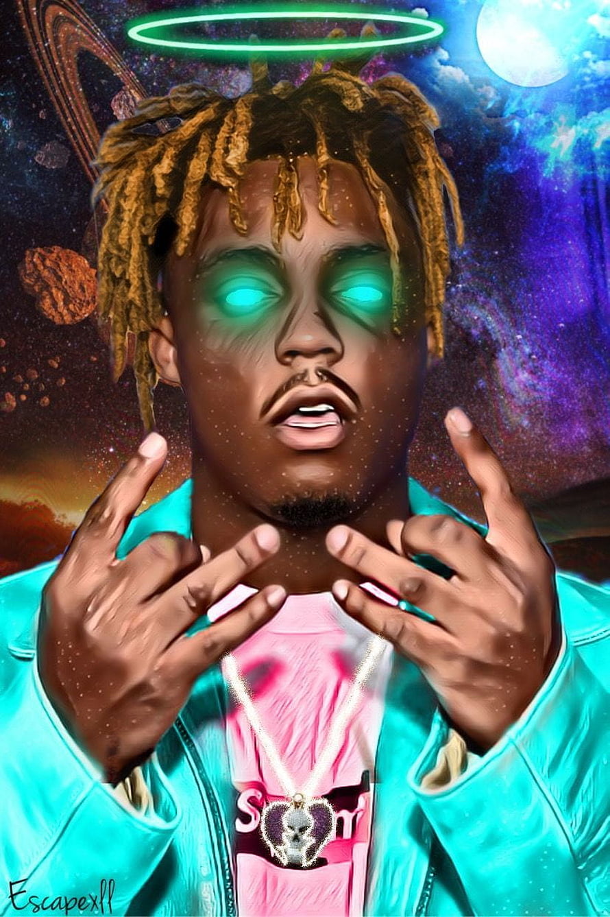 Juice Wrld Digital Art Portrait With Glowing Eyes And Cosmic Space Background HD phone wallpaper