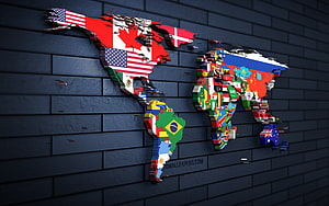 3D World Map Mosaic of National Flags on Dark Blue Brick Wall HD wallpaper