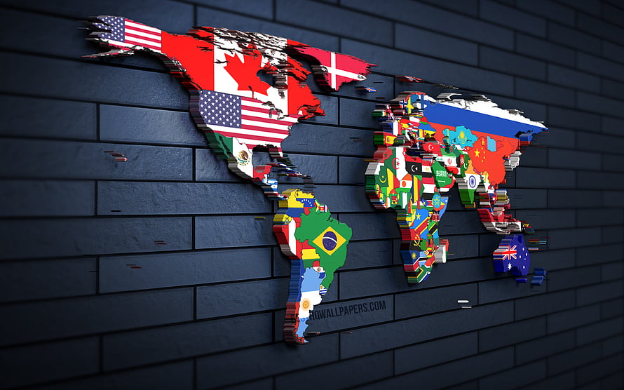 3D World Map Mosaic of National Flags on Dark Blue Brick Wall HD wallpaper