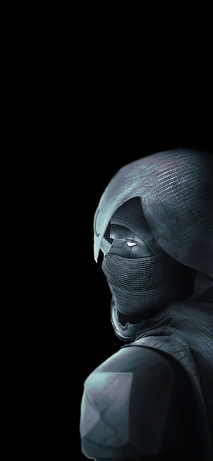 Moon Knight in Dark Hooded Armor with Glowing Eyes Against Black Background HD phone wallpaper
