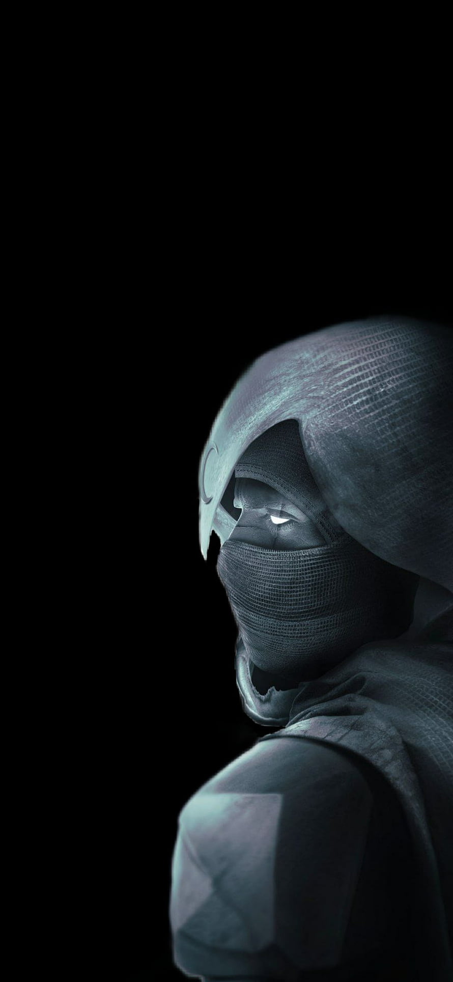 Moon Knight in Dark Hooded Armor with Glowing Eyes Against Black Background HD phone wallpaper