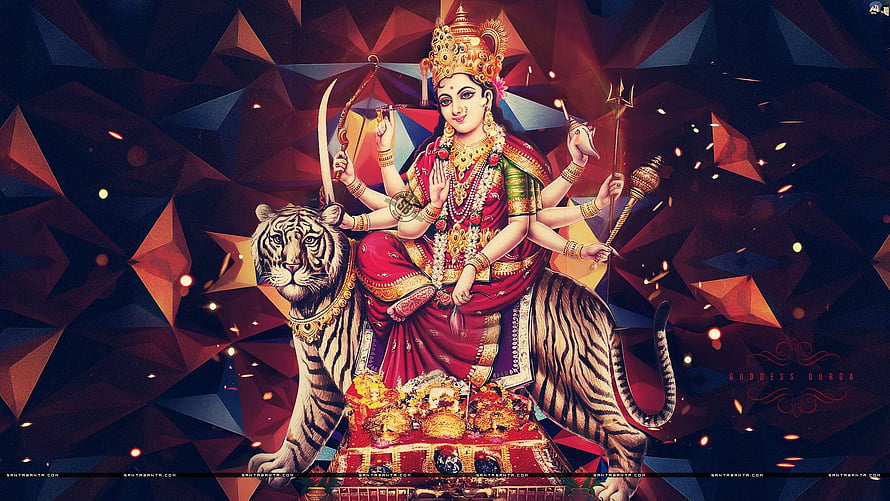 Goddess Durga Riding a Tiger with Multiple Arms and Sacred Weapons HD wallpaper