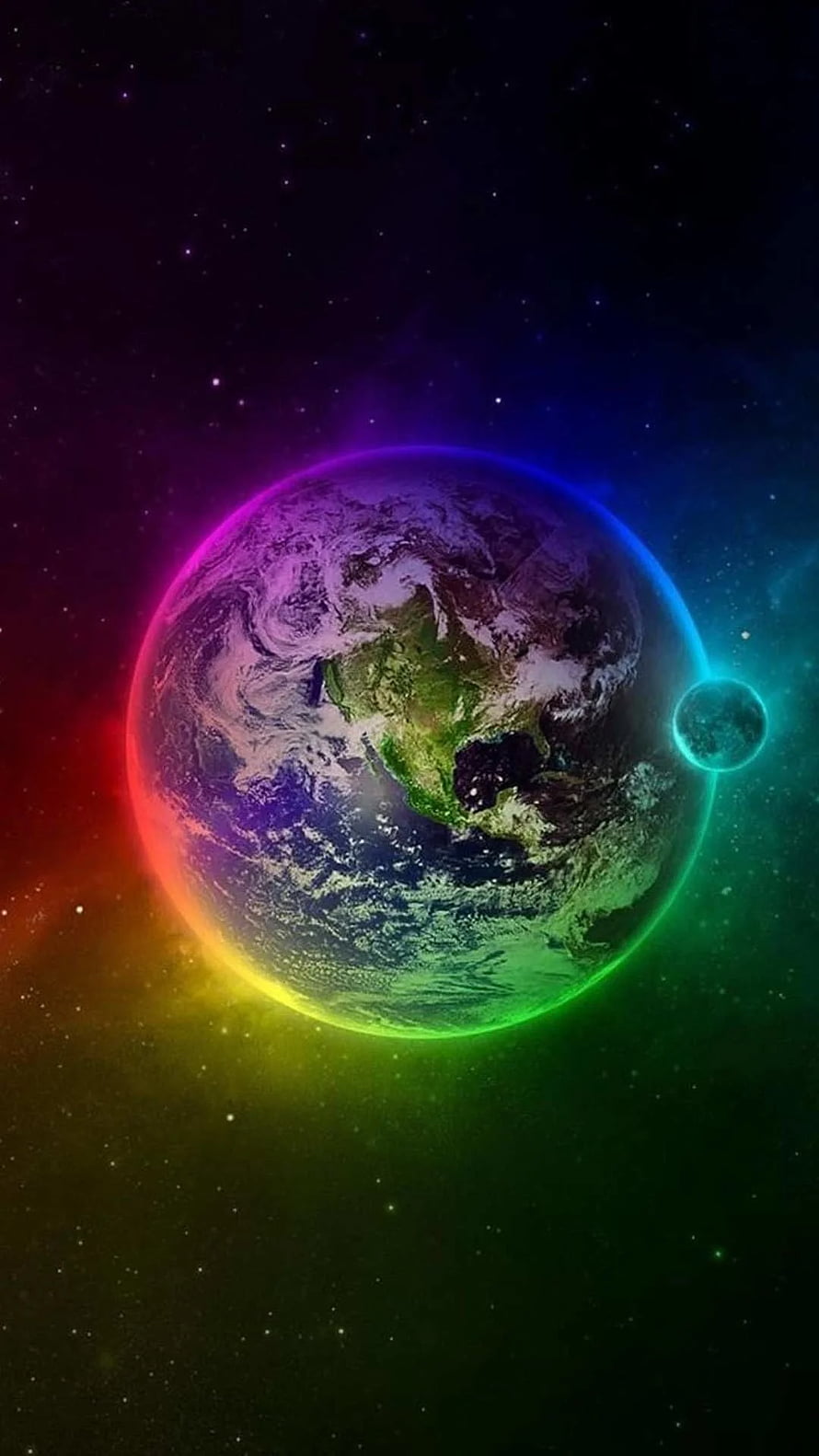 Vibrant Rainbow Earth and Moon in Deep Space with Neon Glow HD phone wallpaper