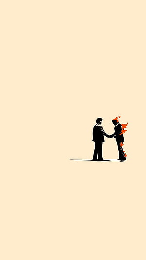 Minimalist Silhouette of Two Men Shaking Hands with One Figure Enveloped in Flames HD phone wallpaper