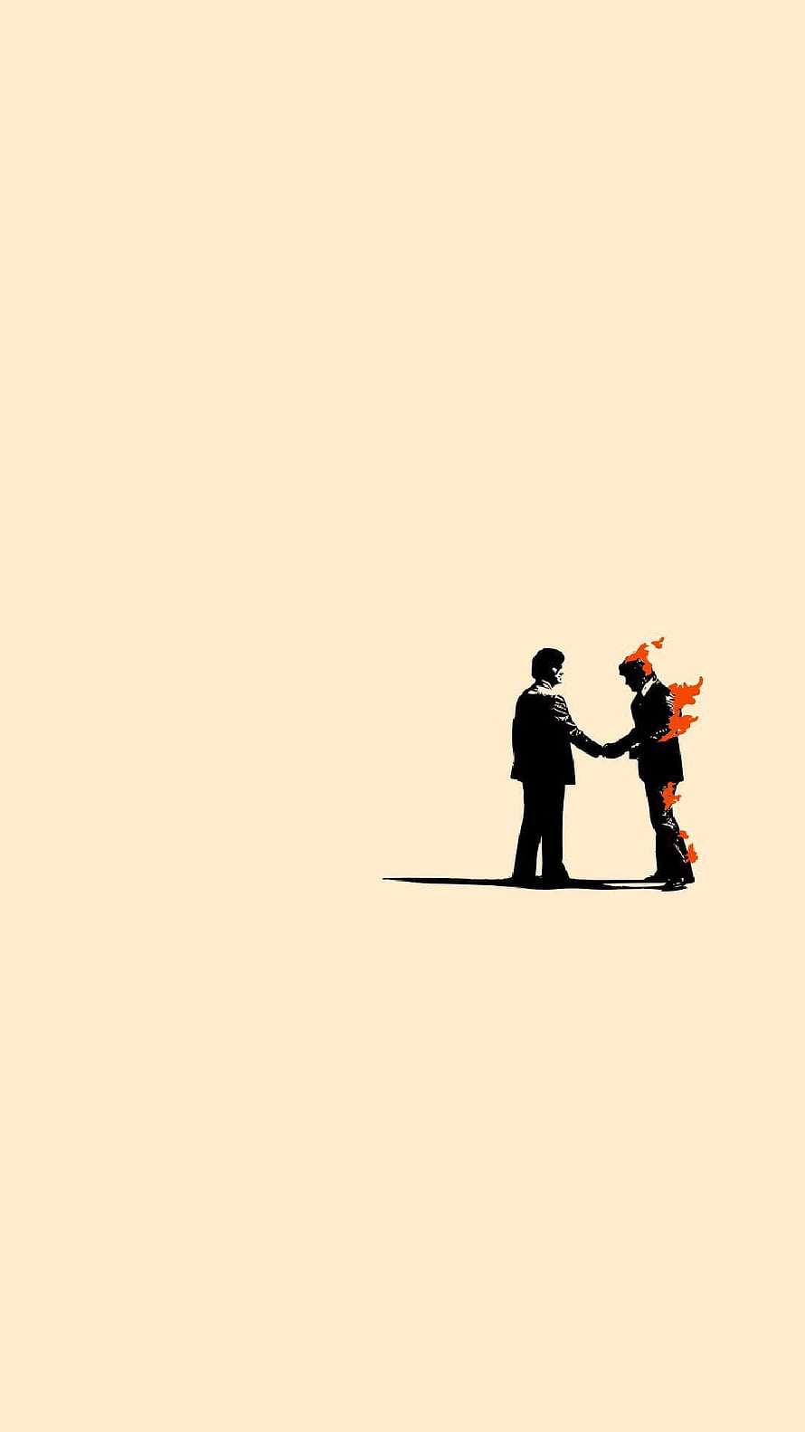 Minimalist Silhouette of Two Men Shaking Hands with One Figure Enveloped in Flames HD phone wallpaper