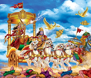 Krishna and Arjuna on the Divine Chariot in the Mahabharata Battle HD wallpaper