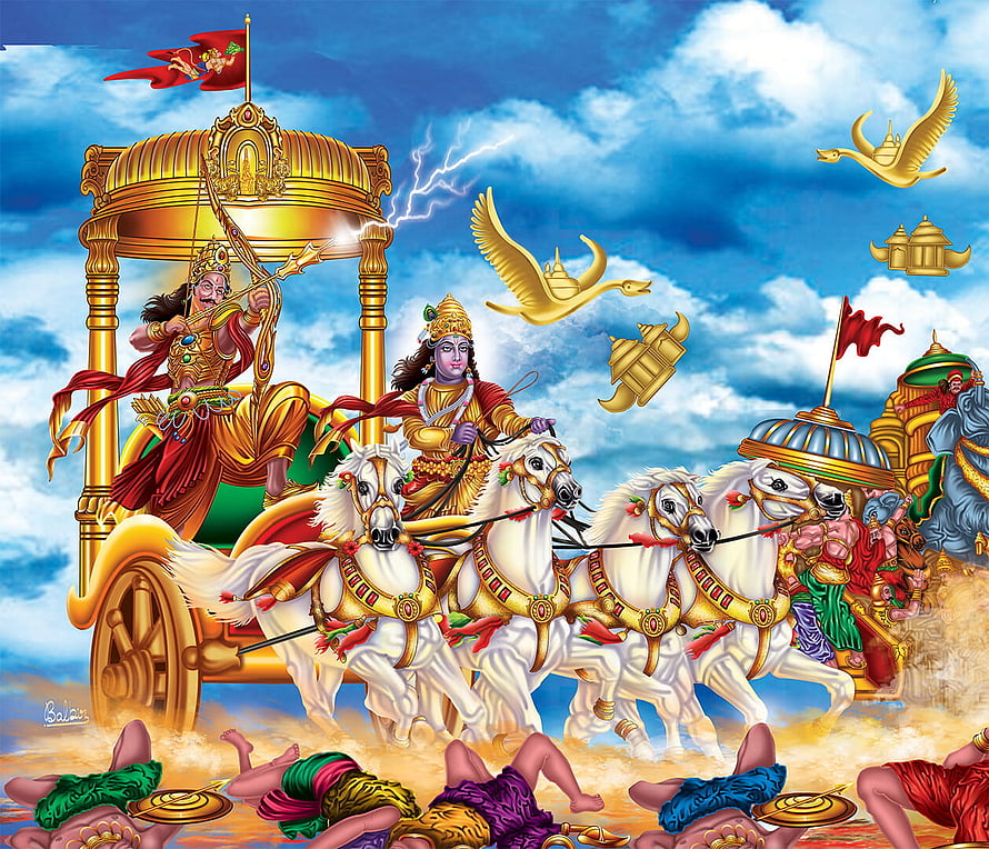 Krishna and Arjuna on the Divine Chariot in the Mahabharata Battle HD wallpaper