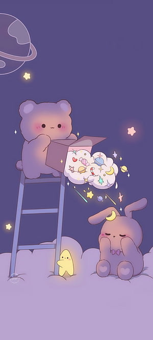 Cute Bear and Bunny Dreaming of a Starry Night Sky with Clouds and Planets HD phone wallpaper