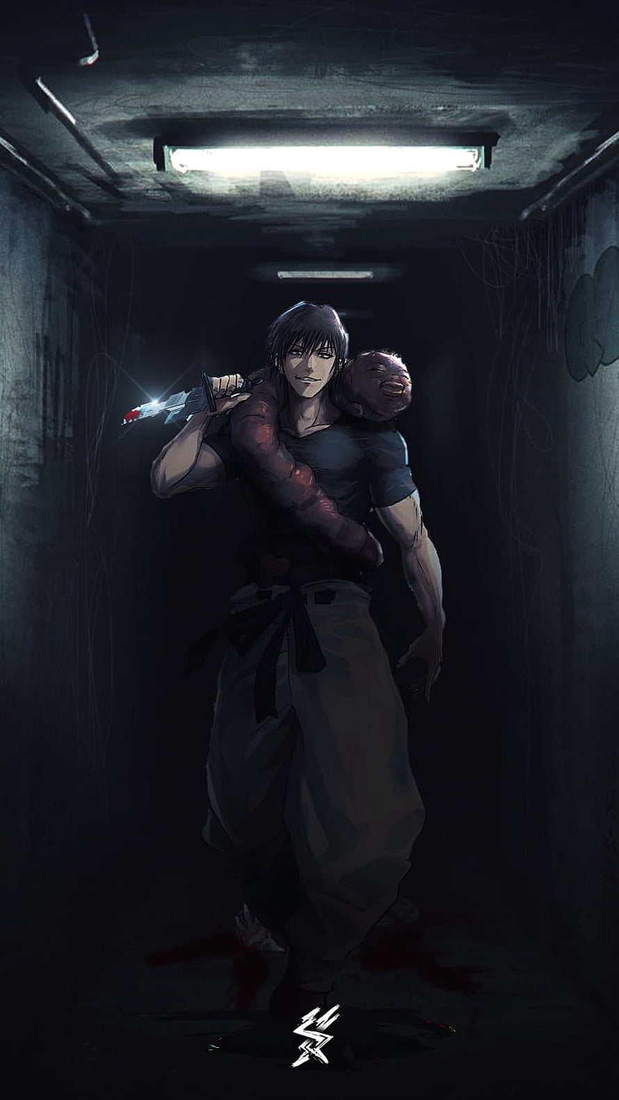 Toji Fushiguro Carrying a Cursed Spirit in a Dark Corridor HD phone wallpaper