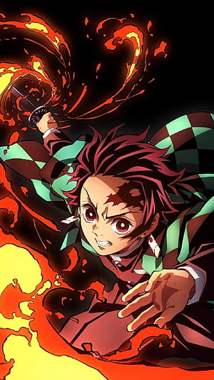 Tanjiro Kamado in Flame Breathing Action Pose from Demon Slayer Anime HD phone wallpaper