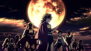 Demon Slayer Hashira Group Standing Silhouetted Against a Massive Blood Moon HD wallpaper