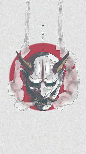 Japanese Oni Mask Artwork with Red Sun and Smoke HD phone wallpaper