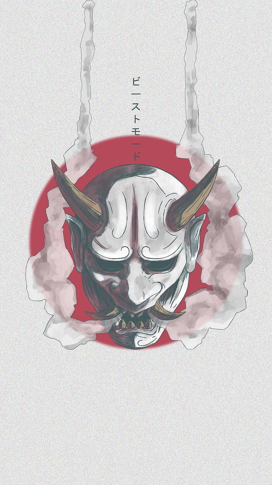 Japanese Oni Mask Artwork with Red Sun and Smoke HD phone wallpaper