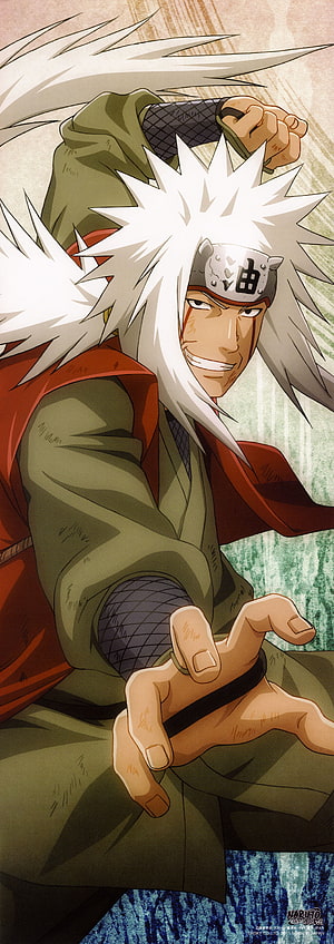 Jiraiya from Naruto in a Dynamic Fighting Pose with White Spiky Hair and Headband HD phone wallpaper