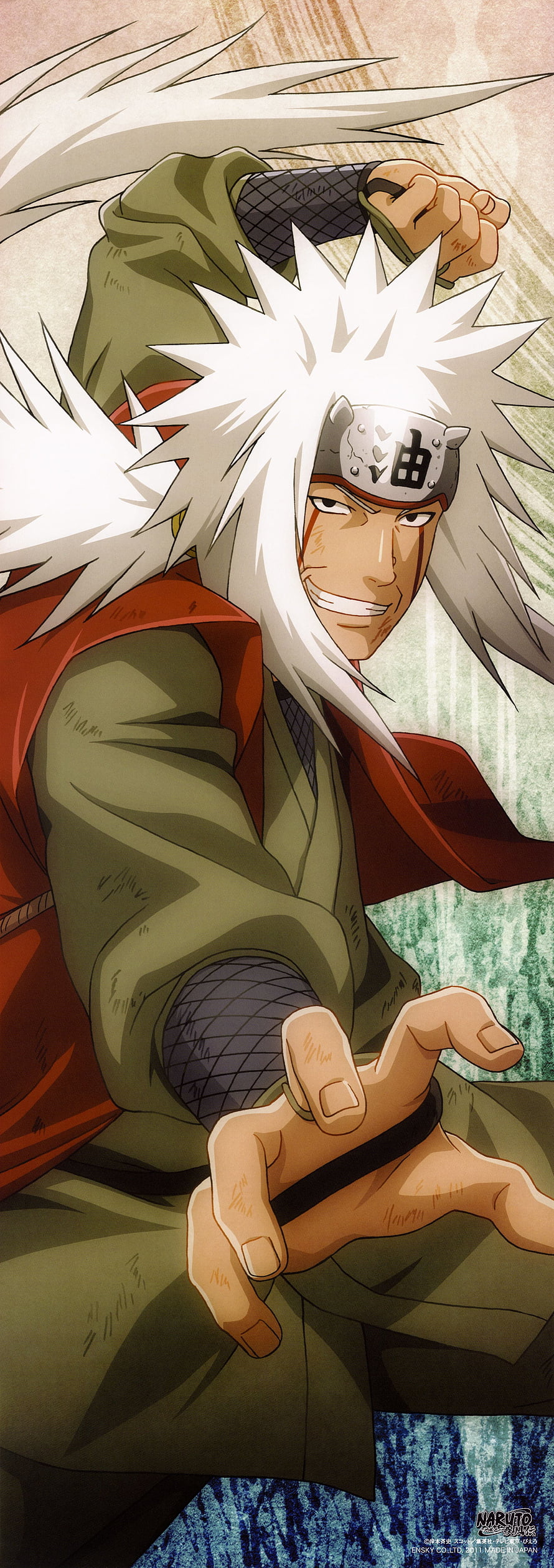 Jiraiya from Naruto in a Dynamic Fighting Pose with White Spiky Hair and Headband HD phone wallpaper