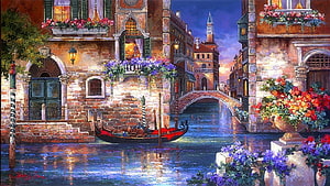Romantic Venice Canal Scene with Gondola, Arched Bridge, and Flower-Adorned Buildings at Dusk HD wallpaper