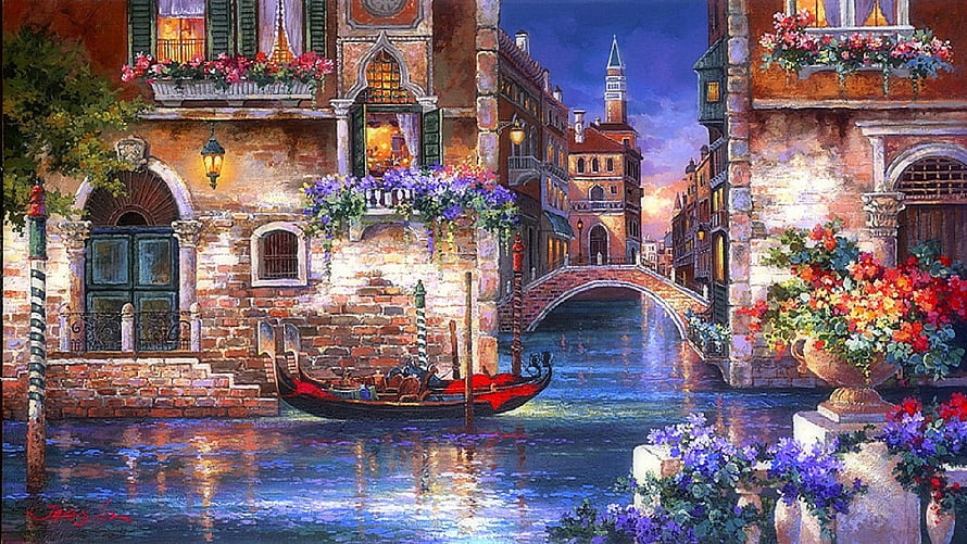 Romantic Venice Canal Scene with Gondola, Arched Bridge, and Flower-Adorned Buildings at Dusk HD wallpaper