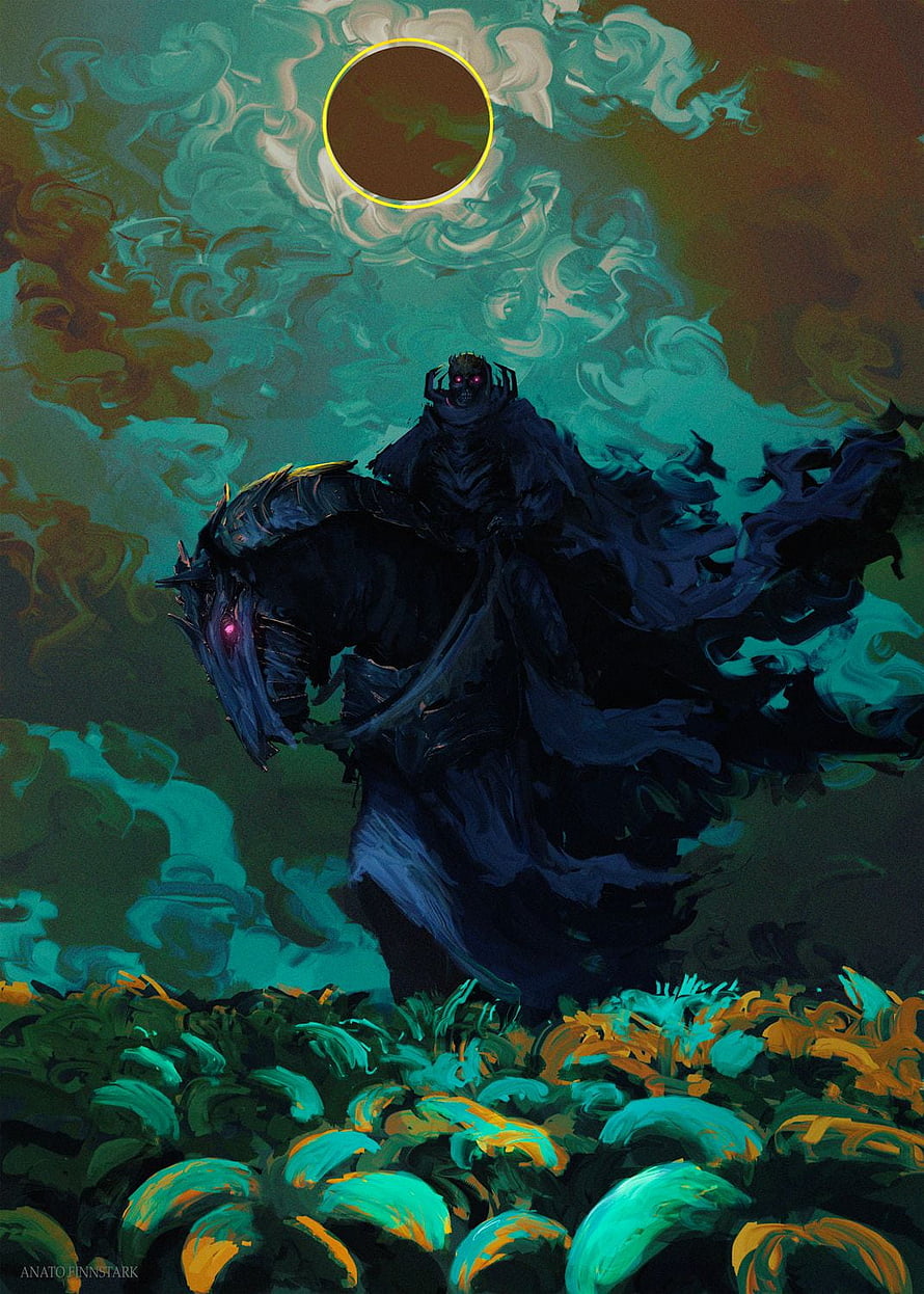 Guts on the Black Swordsman Horse Under a Total Solar Eclipse in Dark Fantasy Art HD phone wallpaper