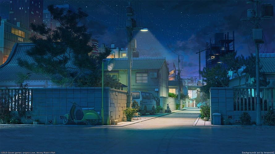 Anime Night Street Scene with Scooter and City Skyline HD wallpaper