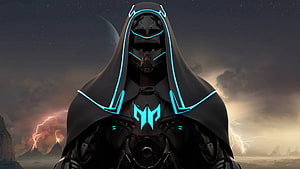 Cybernetic Cloaked Figure with Glowing Blue Accents in Stormy Sci-Fi Landscape HD wallpaper