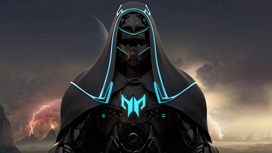 Cybernetic Cloaked Figure with Glowing Blue Accents in Stormy Sci-Fi Landscape HD wallpaper