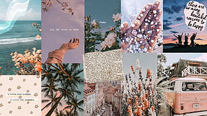 Pastel Aesthetic Collage Featuring Ocean, Flowers, Vintage Van, and Inspirational Quotes HD wallpaper