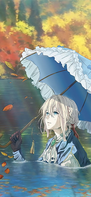 Violet Evergarden holding a parasol in an autumn lake with falling leaves HD phone wallpaper