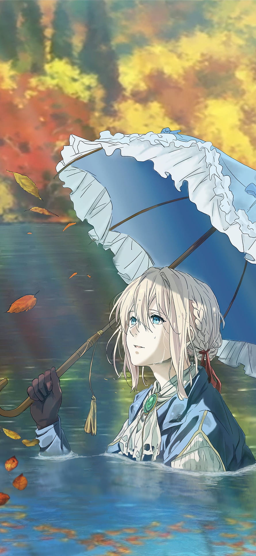 Violet Evergarden holding a parasol in an autumn lake with falling leaves HD phone wallpaper