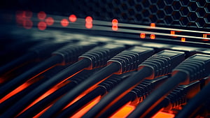 Close-up of network cables plugged into a server rack with glowing red indicator lights HD wallpaper