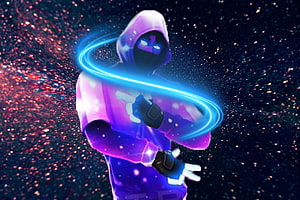 Fortnite Hooded Character with Neon Blue Energy Ring Against Cosmic Starfield Background HD wallpaper